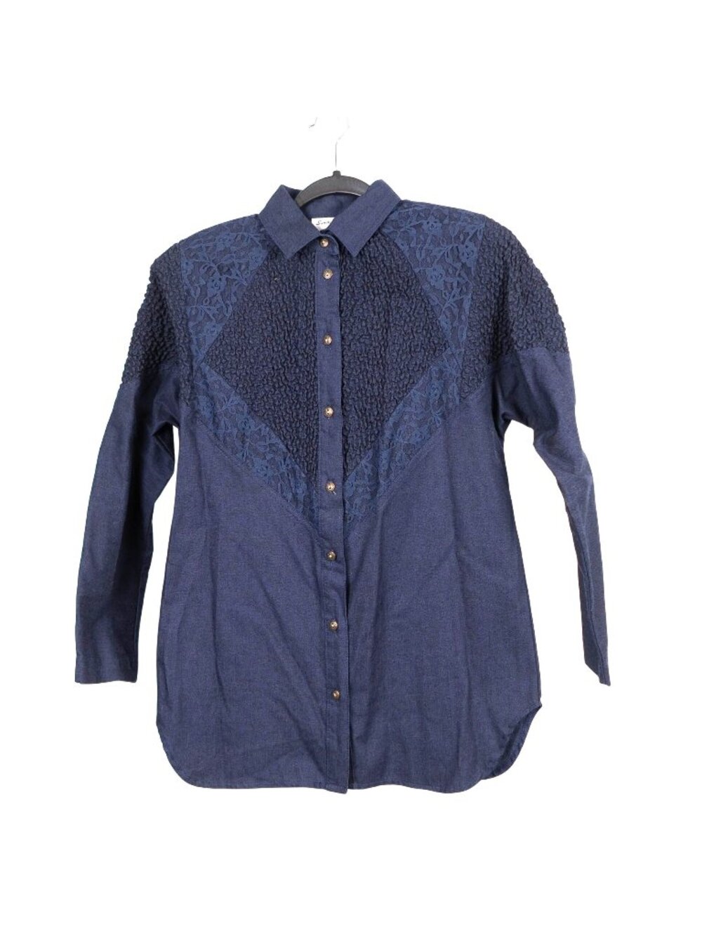 Denim VTG Western Shirt 6 Womens 90s Blue Button Up Lace Textured Shoulder Pads